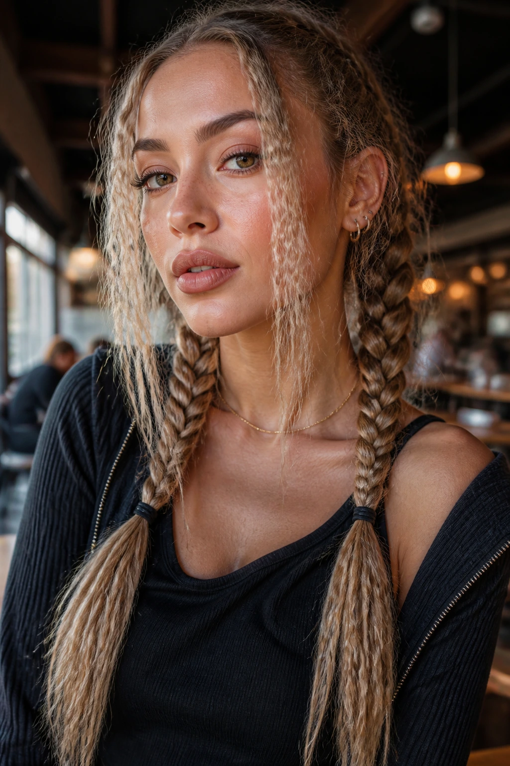 Real woman with crimped strands and two low braided pigtails in a cafe setting.