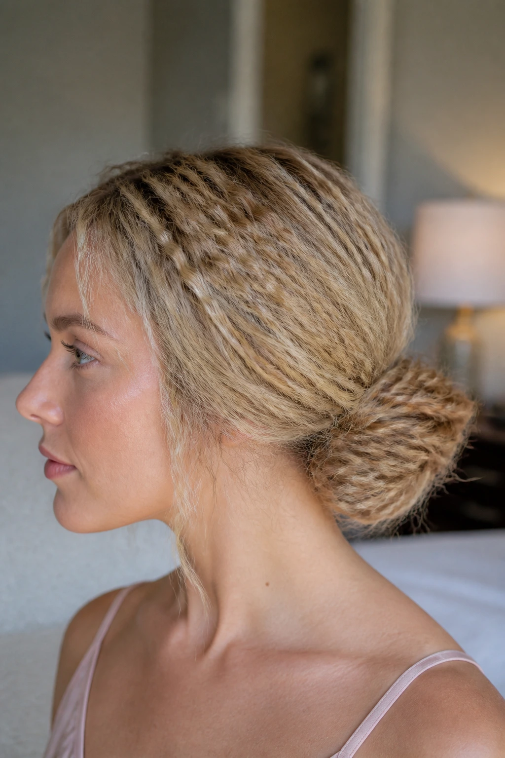 Close-up of crimped chignon at the nape on a real woman