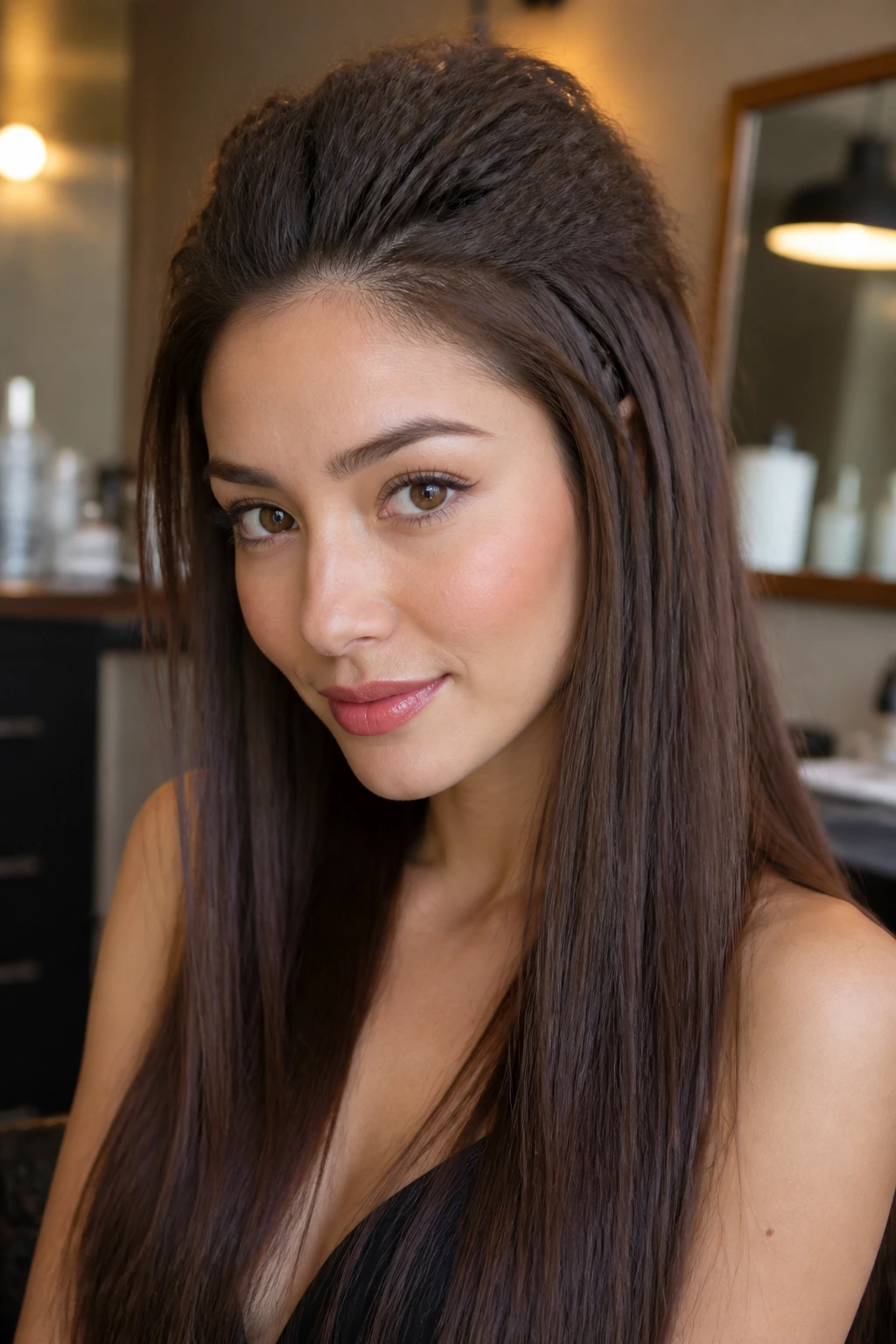 Close-up of a real person with a crimped crown and straight lengths
