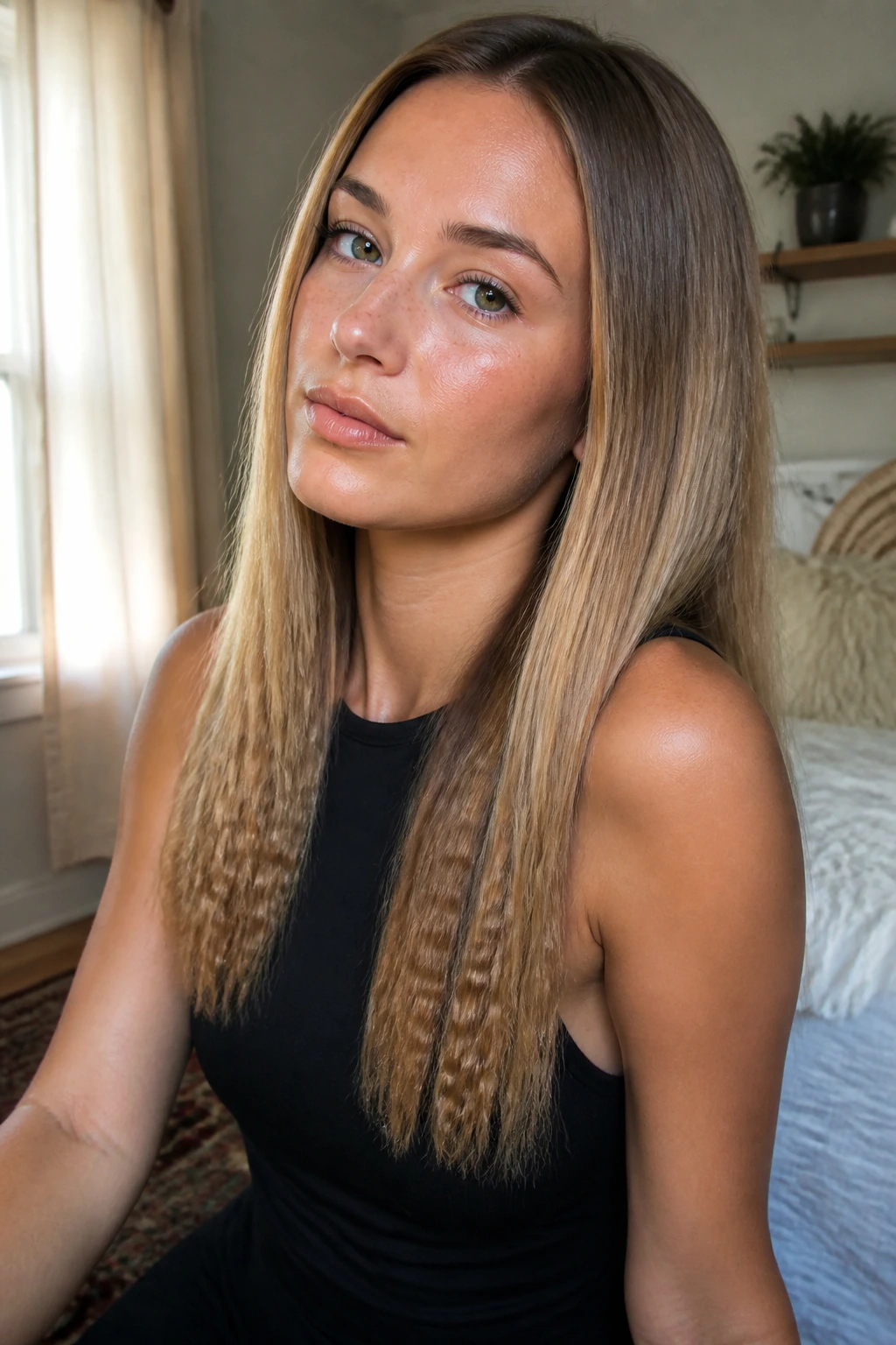 Close-up portrait of a woman with crimped hair at the ends in warm window light