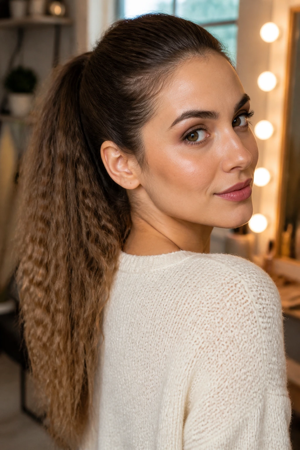 Close-up portrait of a real woman with Crimped-Ends Textured Ponytail showing crimped ends and smooth roots
