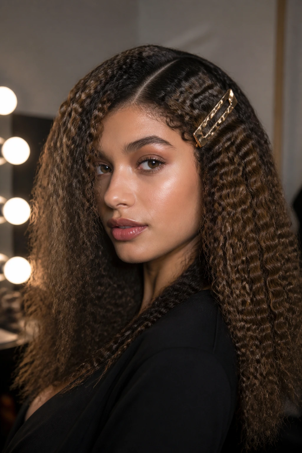 Real woman with full crimp and an oversized clip in a backstage fashion setting.