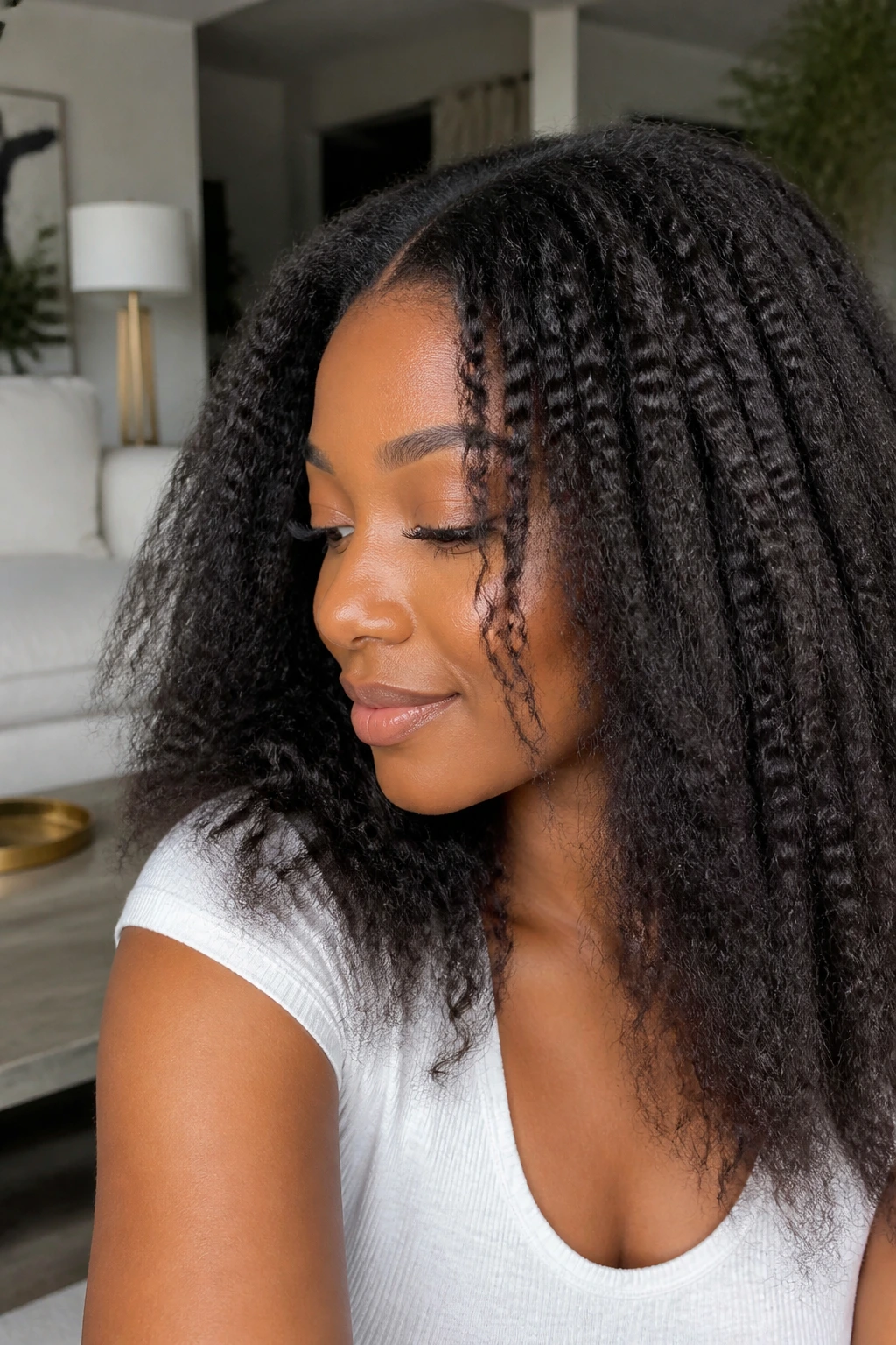 Woman with zigzag crimped texture hair in natural light
