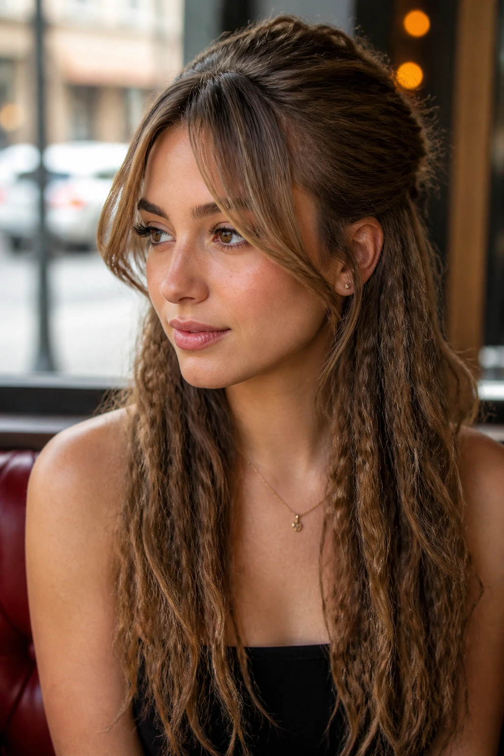 Close-up of a real person with crimped texture and curtain bangs in a cafe setting