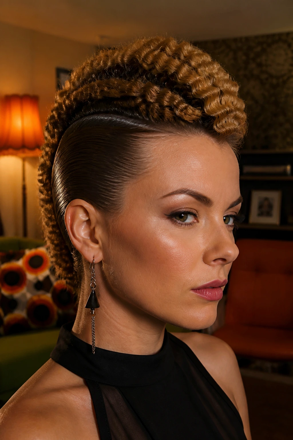 Close-up of a woman with a crimped retro hawk hairstyle and sleek sides