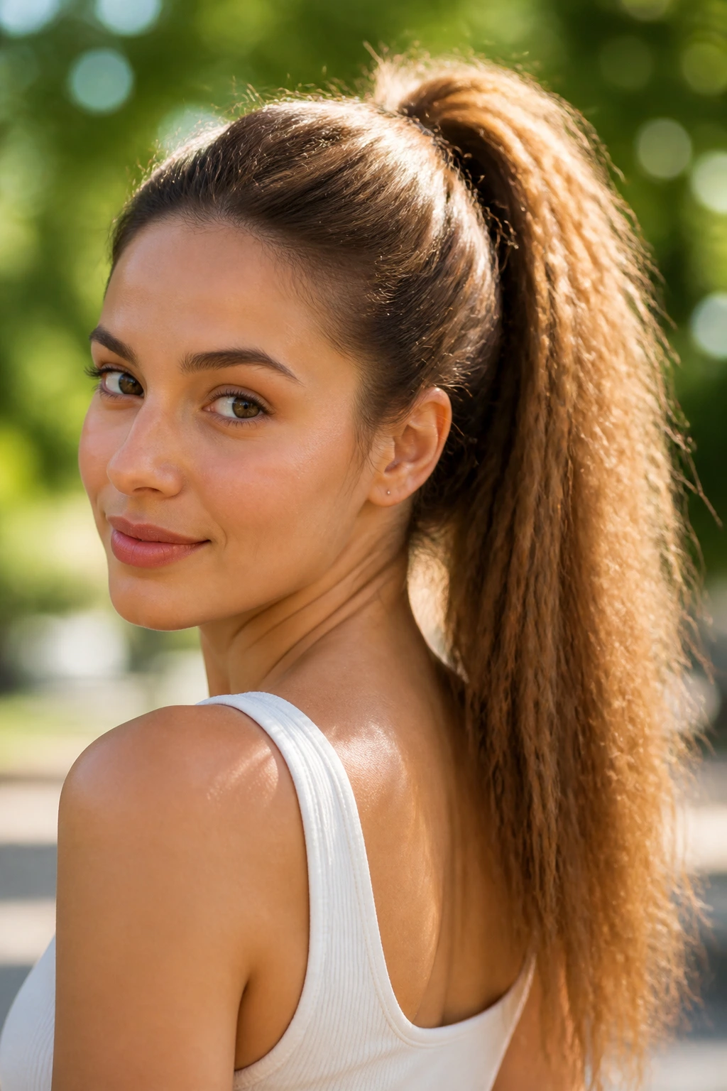 Close-up portrait of a woman with a crimped ponytail in sunny outdoor light.