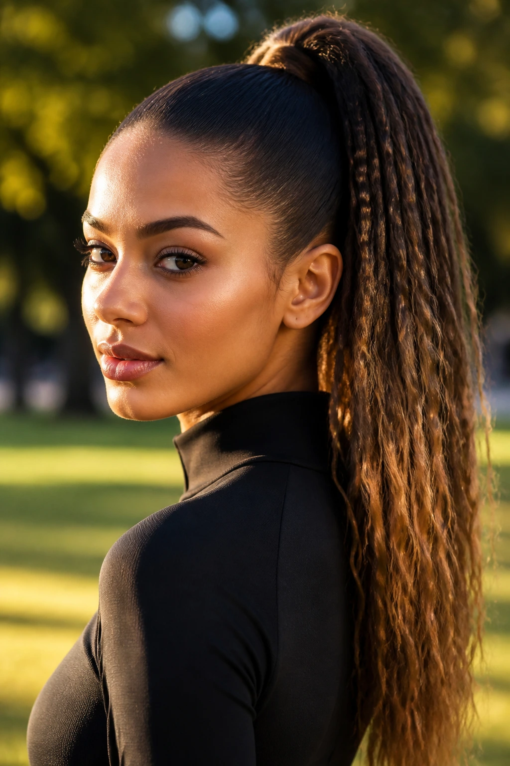 Close-up of a real woman's head with crimped-length high ponytail in a park during golden hour
