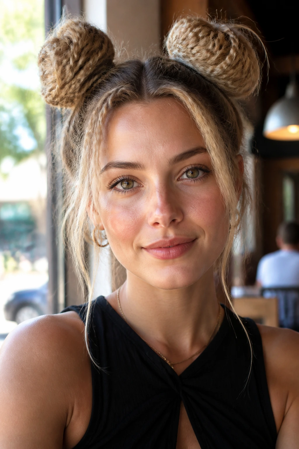 Close-up of a woman with crimped space buns in daylight