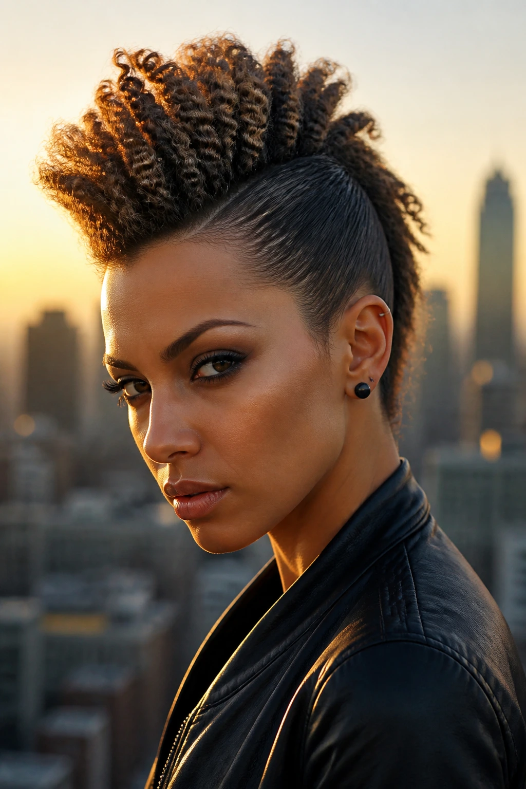 Close-up of a real woman with a crimped center faux hawk on a rooftop at golden hour.