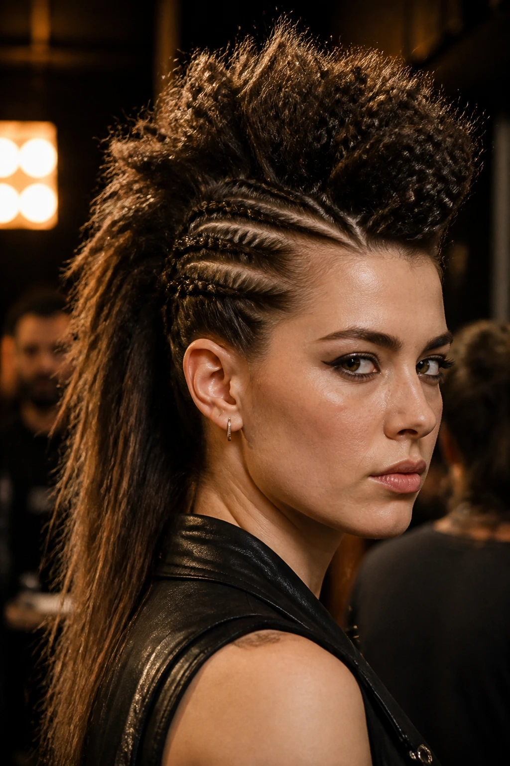 Close-up portrait of a real person with a crimped texture mohawk hairstyle.