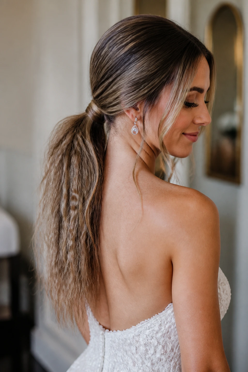 Bride's low ponytail with crimped texture and smooth crown