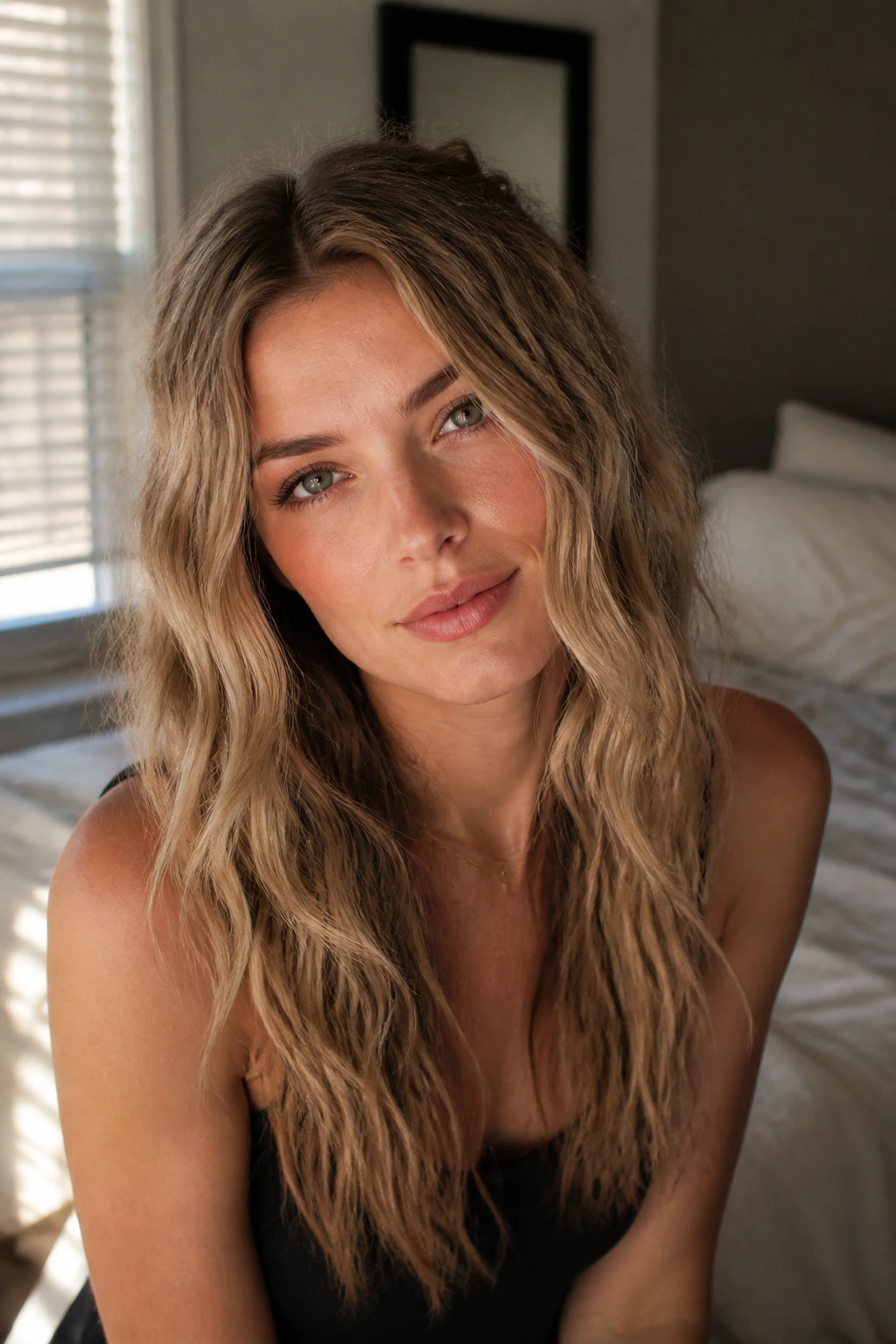 Close-up of real woman with subtle crown crimped texture waves in long thin hair