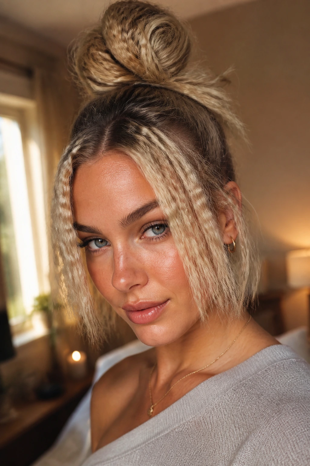 Close-up of a real woman showing a high crimped top knot with face-framing pieces in warm bedroom light.