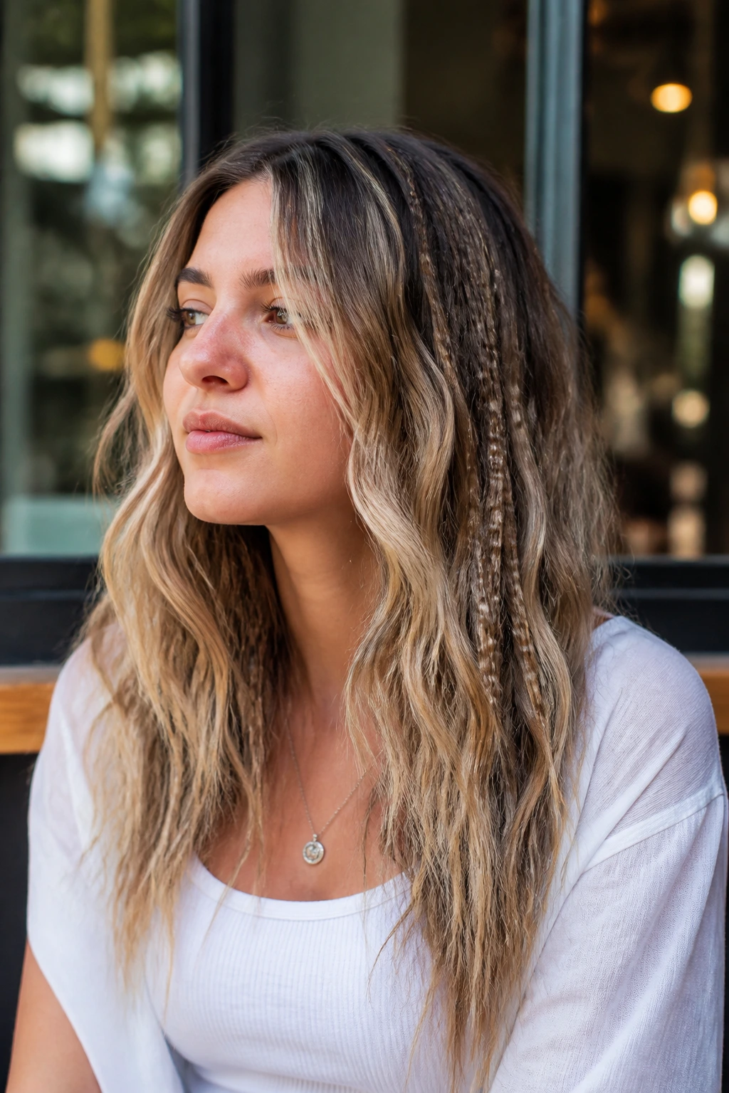 Close-up of a real woman with crimped roots and smoother top waves in natural cafe light