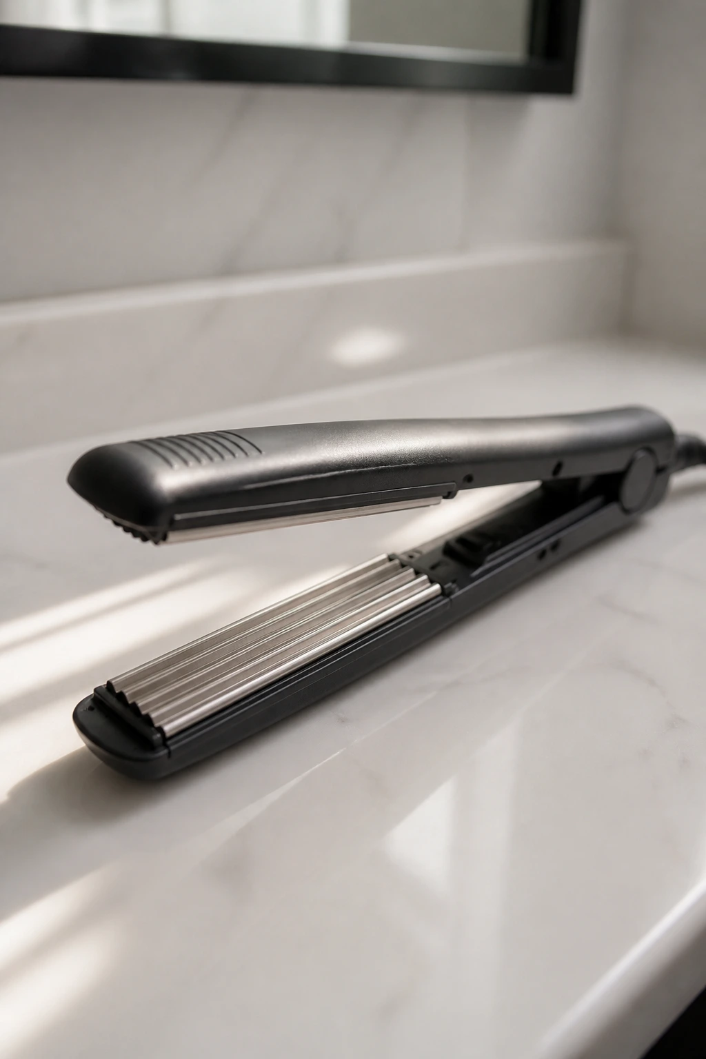 Close-up of a crimping iron on a bathroom vanity.