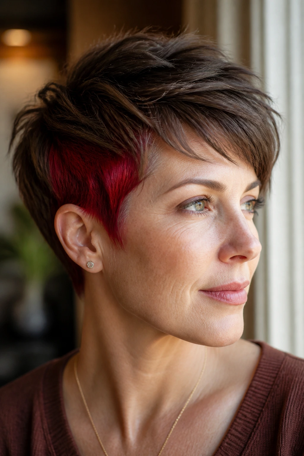 Close-up portrait of a woman with crimson peekaboo pixie showing red panels at temples