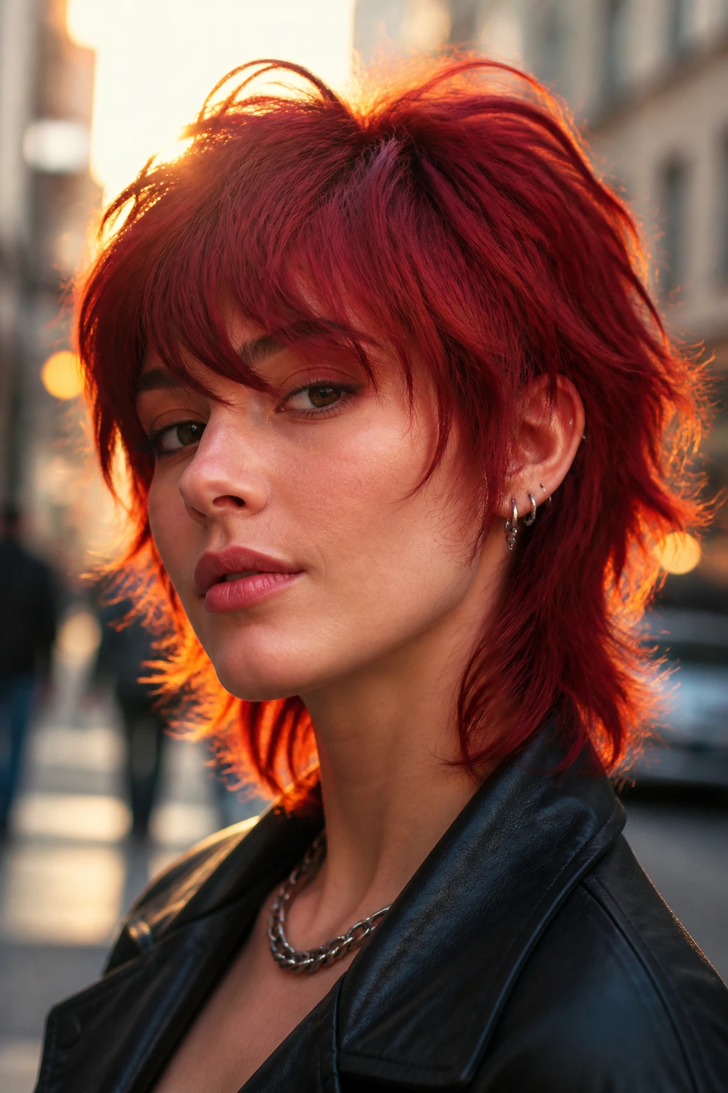 Real person with crimson shag on urban street during golden hour