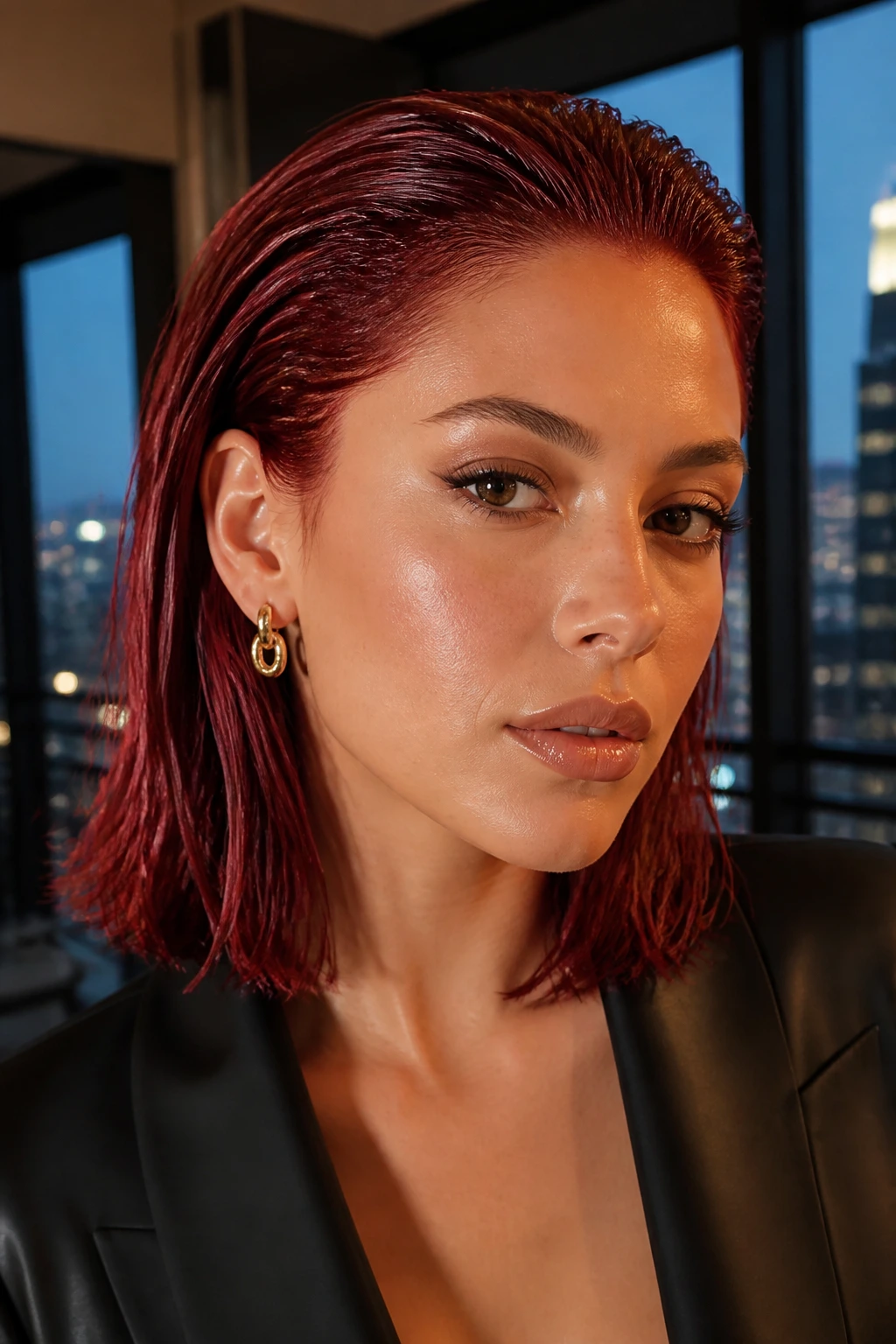 Close-up of a real person with crimson wet-look lob hair, glossy and slicked-back