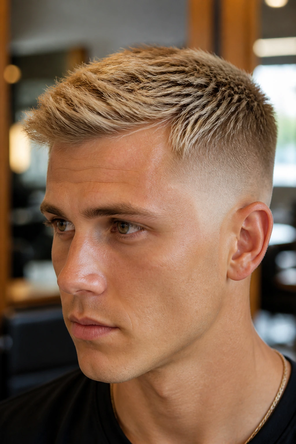 Real person with a crisp blonde fade holding its shape
