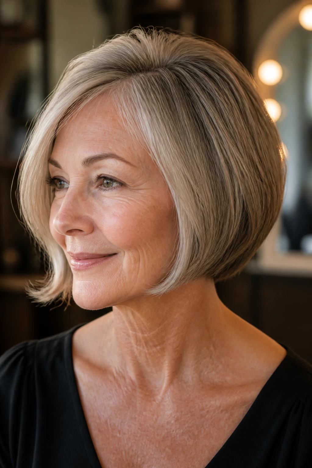 Real woman with crisp vintage bob and lifted crown under warm salon light