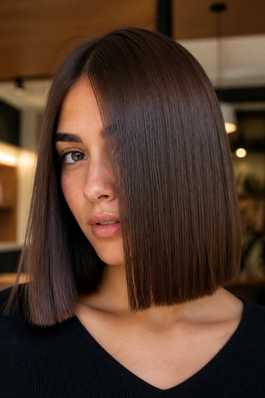 Brunette shades with crisp, structured shape on straight hair.