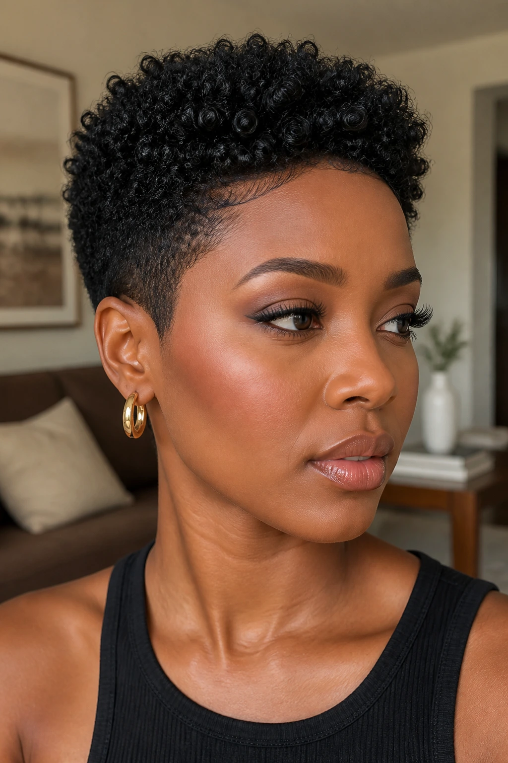 Close-up of a Black woman with a crisply edged short natural curl haircut