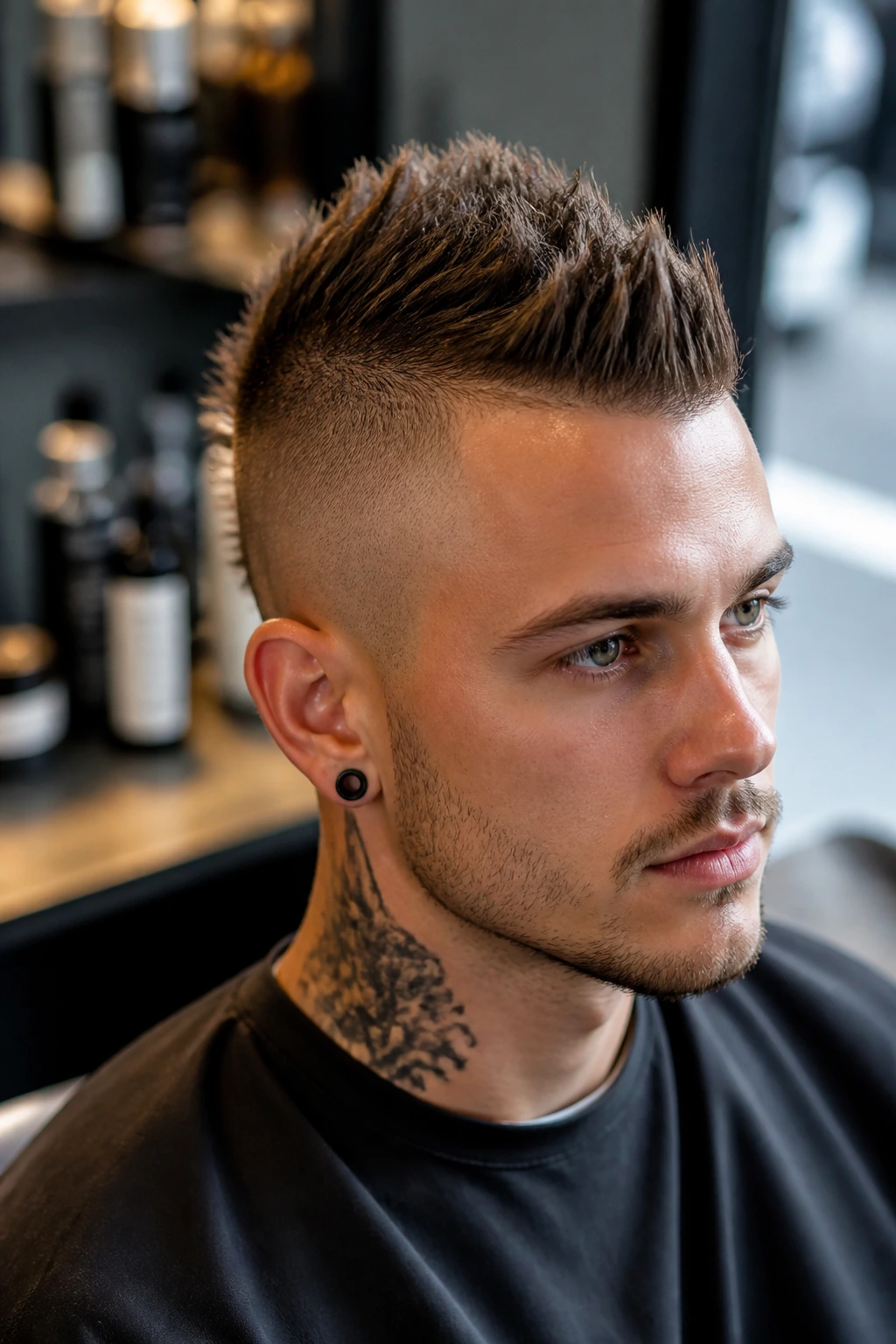 Portrait of real person with crisp hawk cut in a barber shop