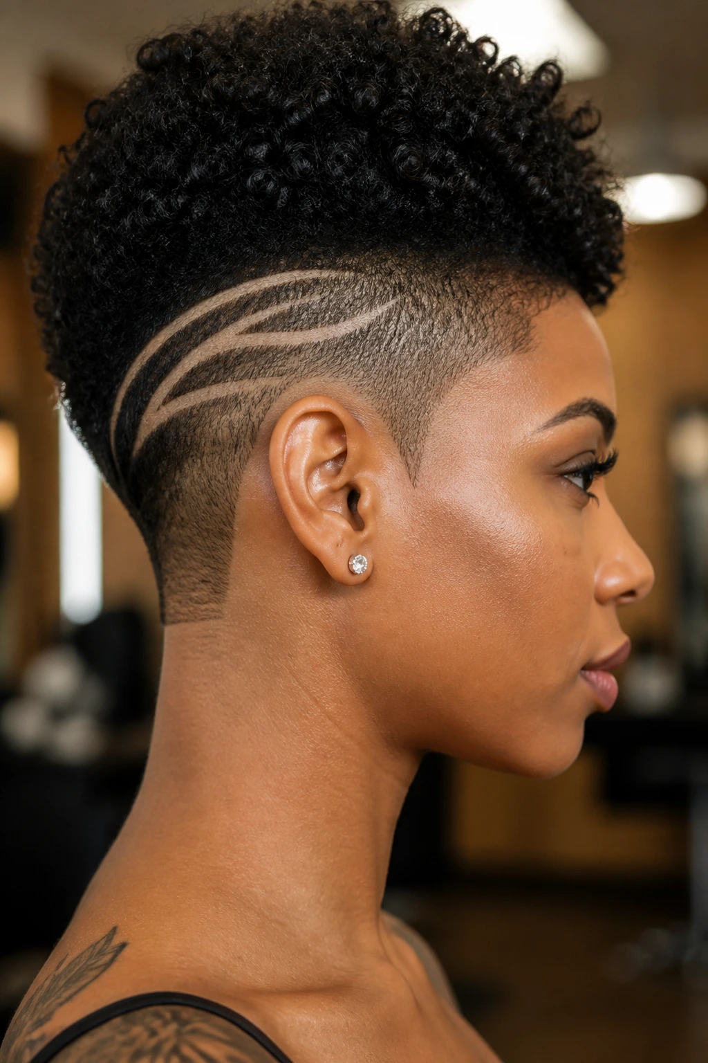 Portrait of a Black woman with a crisp temple shaved design, maintained between visits.