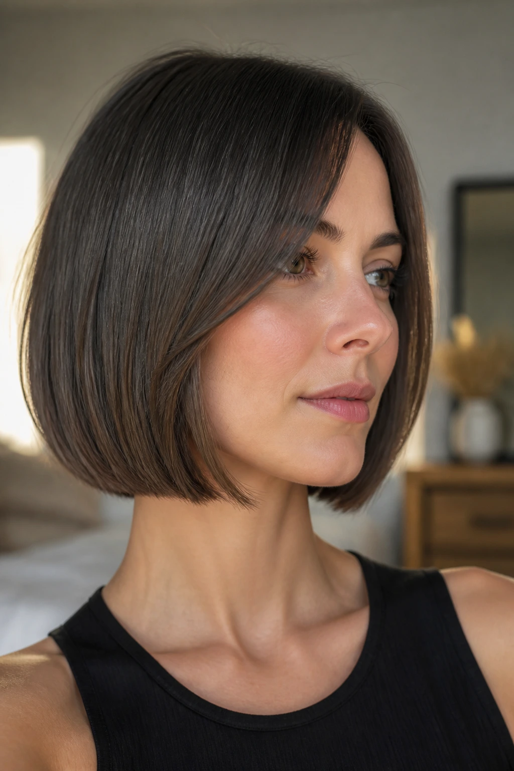 Portrait highlighting a crisp lob shape along the jawline in a straight, thin-haired model.