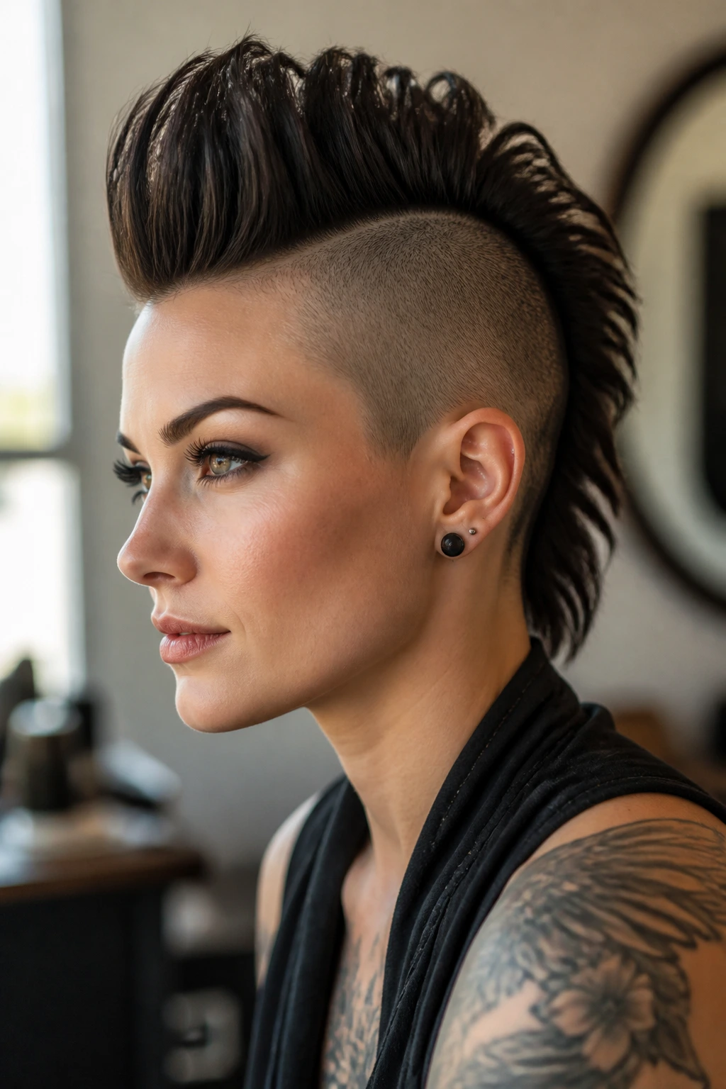 Portrait of a person with a crisp Mohawk demonstrating styling tricks.