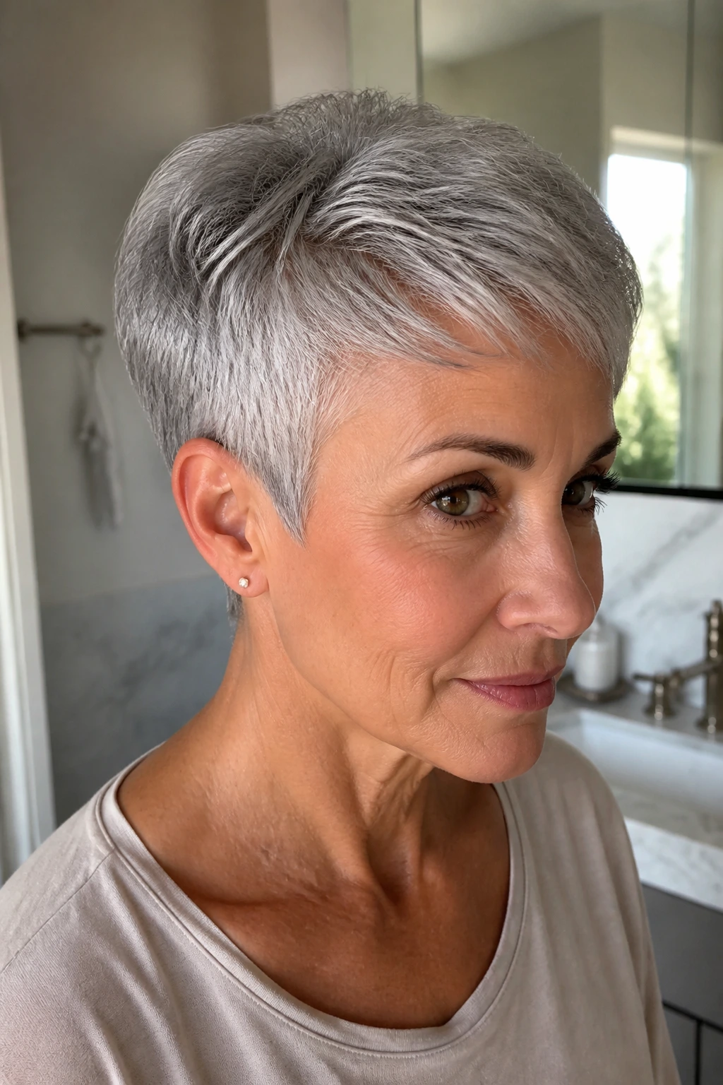Crisp gray pixie with clean neckline