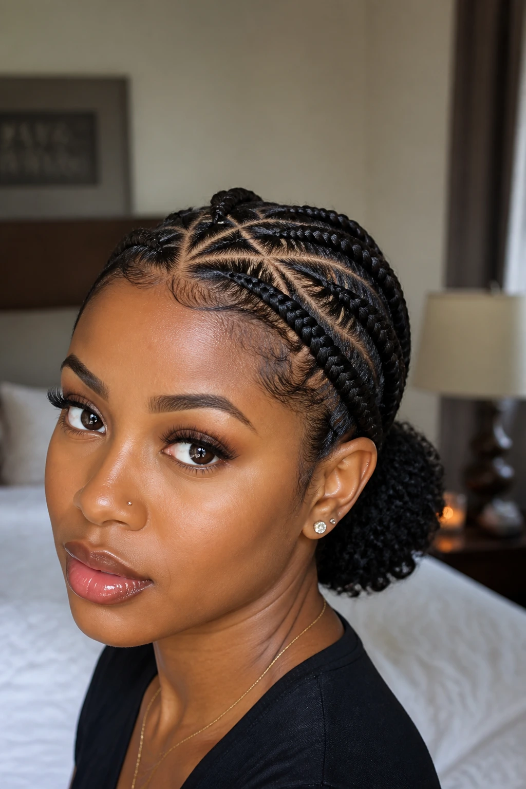 Close-up of a real woman with criss-cross braids and a low puff at the nape