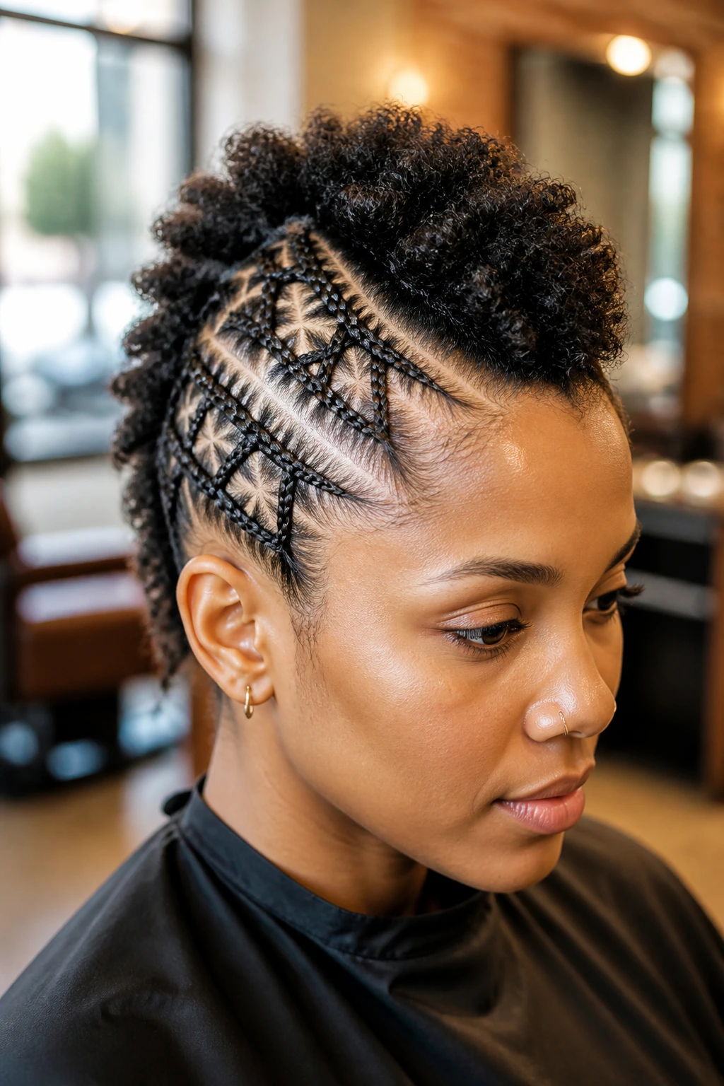 Close-up of a real person with criss-cross braids mohawk in a salon