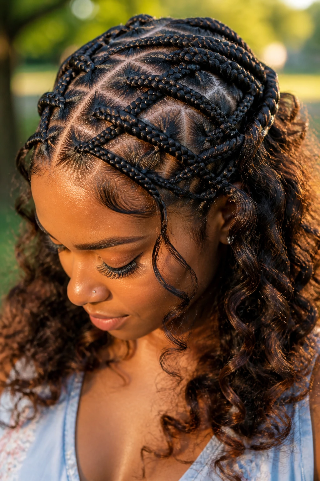 Close-up of criss-cross braids with open curls on a real woman