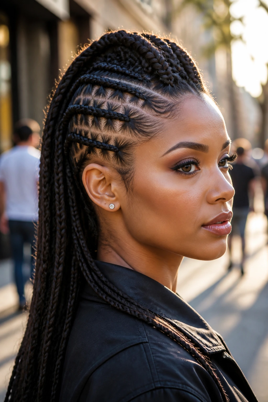 Close-up of Criss-Cross Cornrow Hawk on a real person