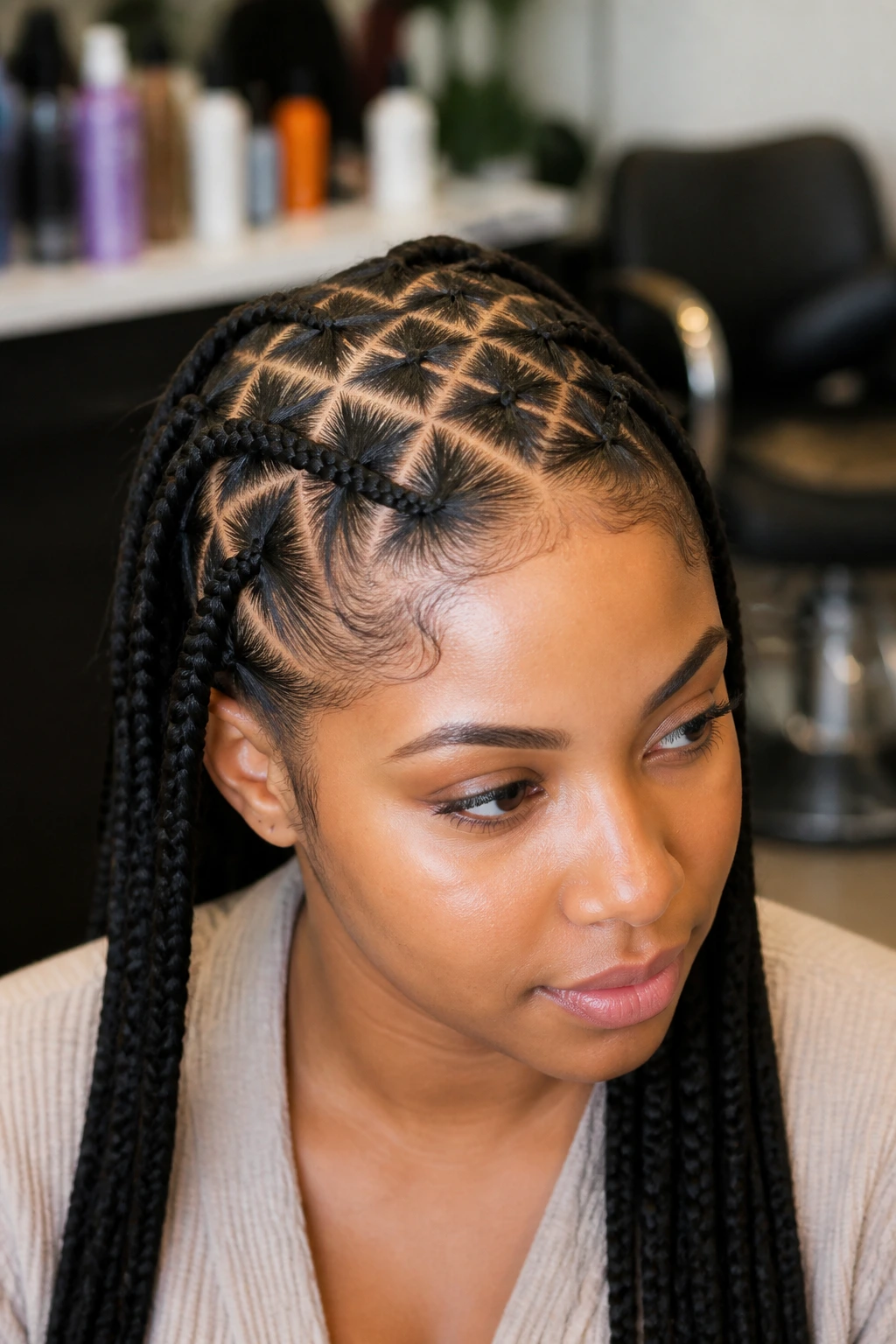 Close-up portrait of criss-cross cornrows on a real person's scalp