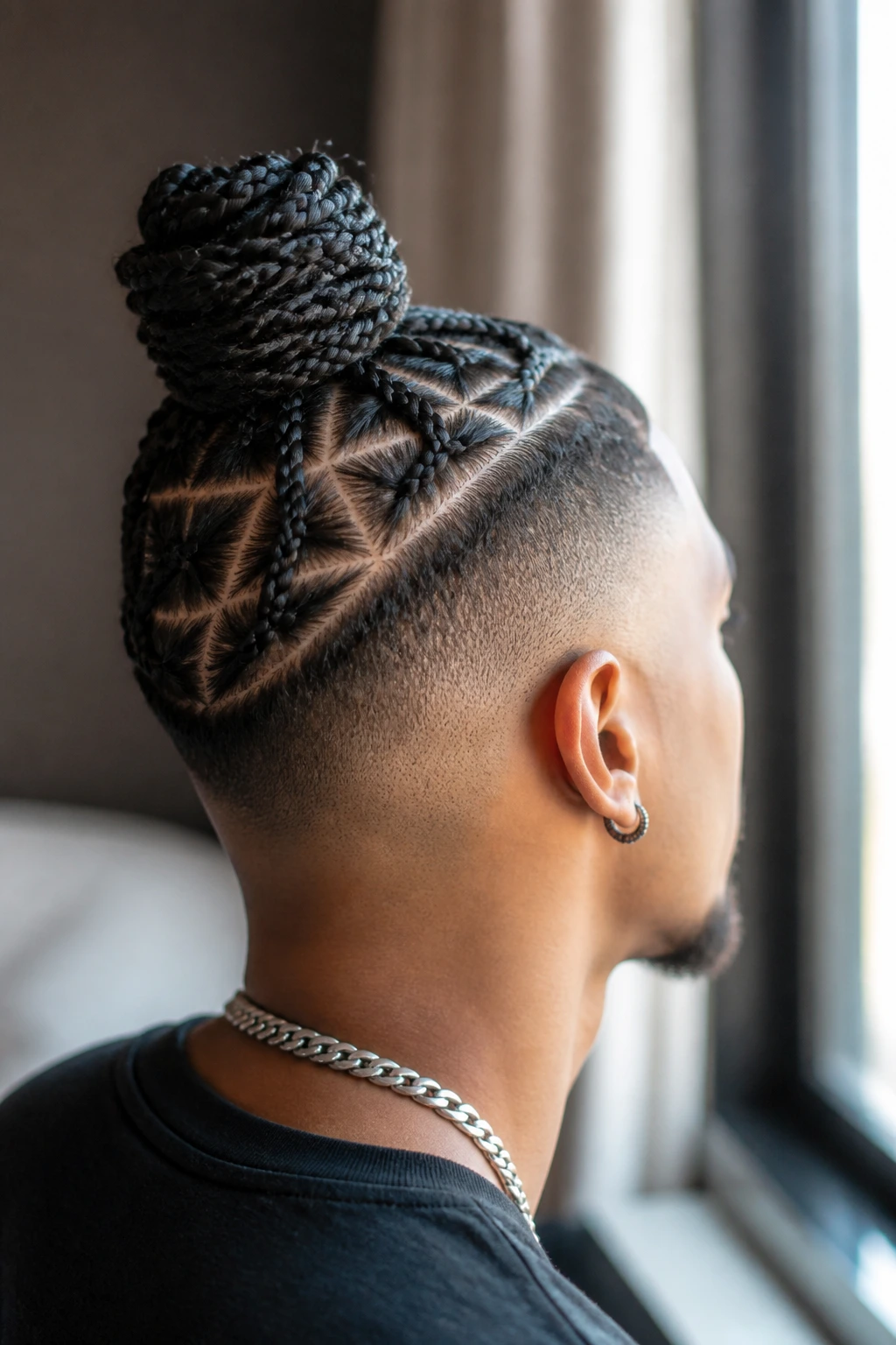 Close-up portrait of a real person with criss-cross cornrows forming a top knot and a bare nape.