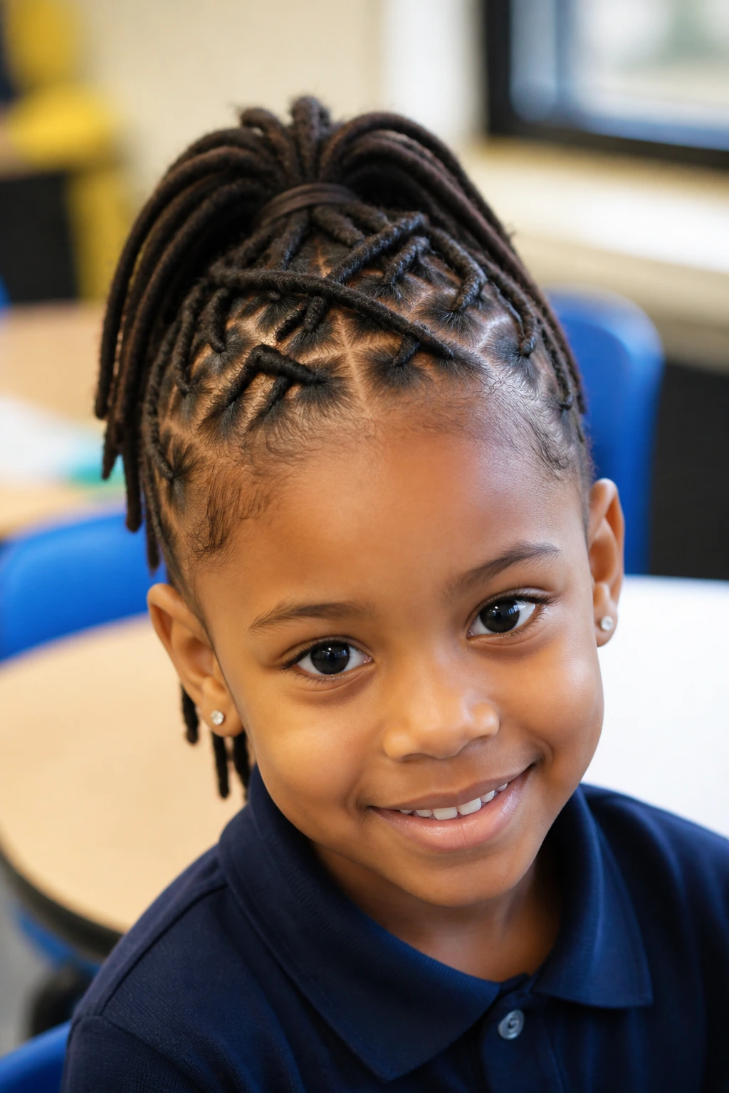 Close-up of a real child with criss-cross front pony hairstyle