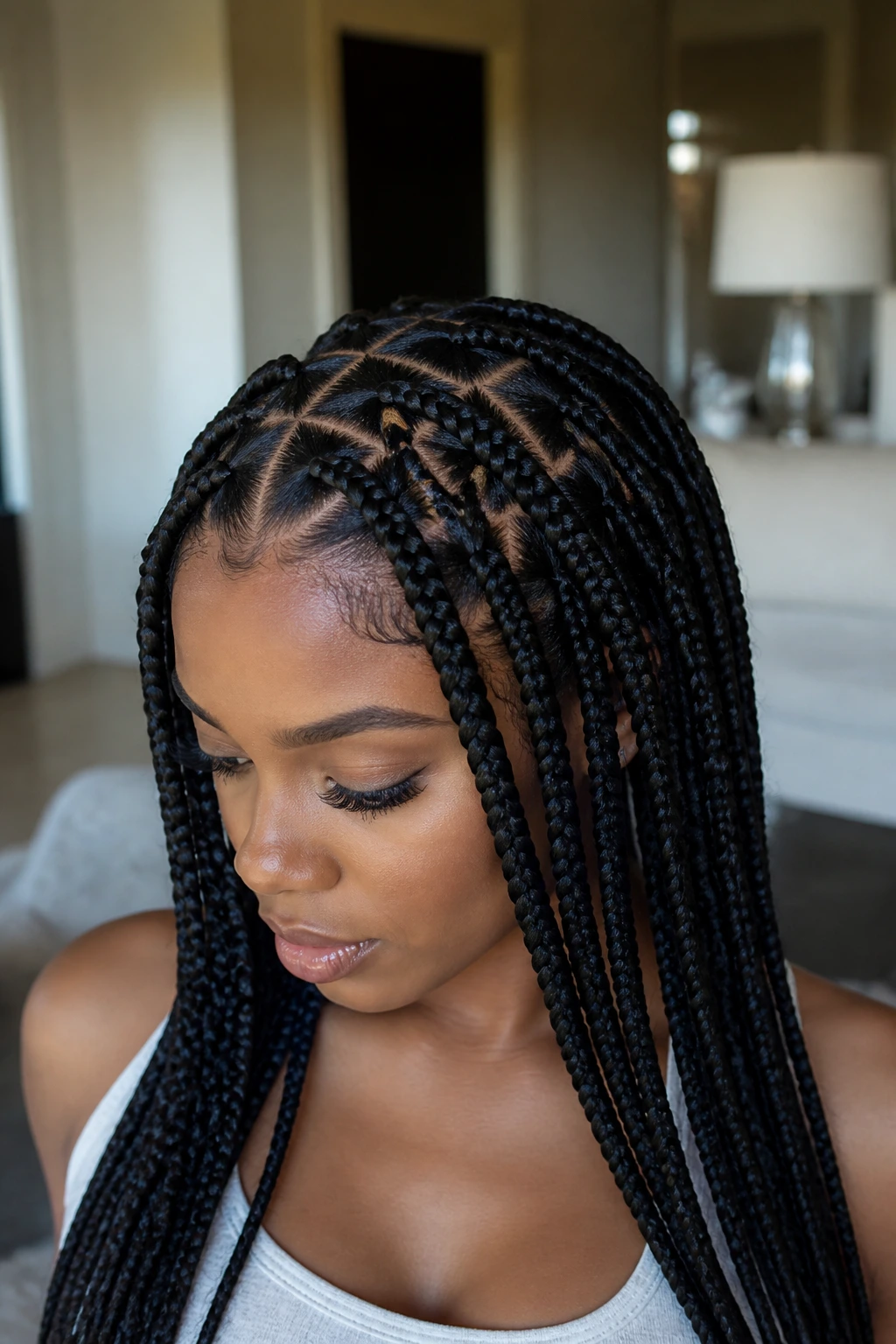 Close-up portrait of a real woman with criss-cross part box braids highlighting the scalp pattern