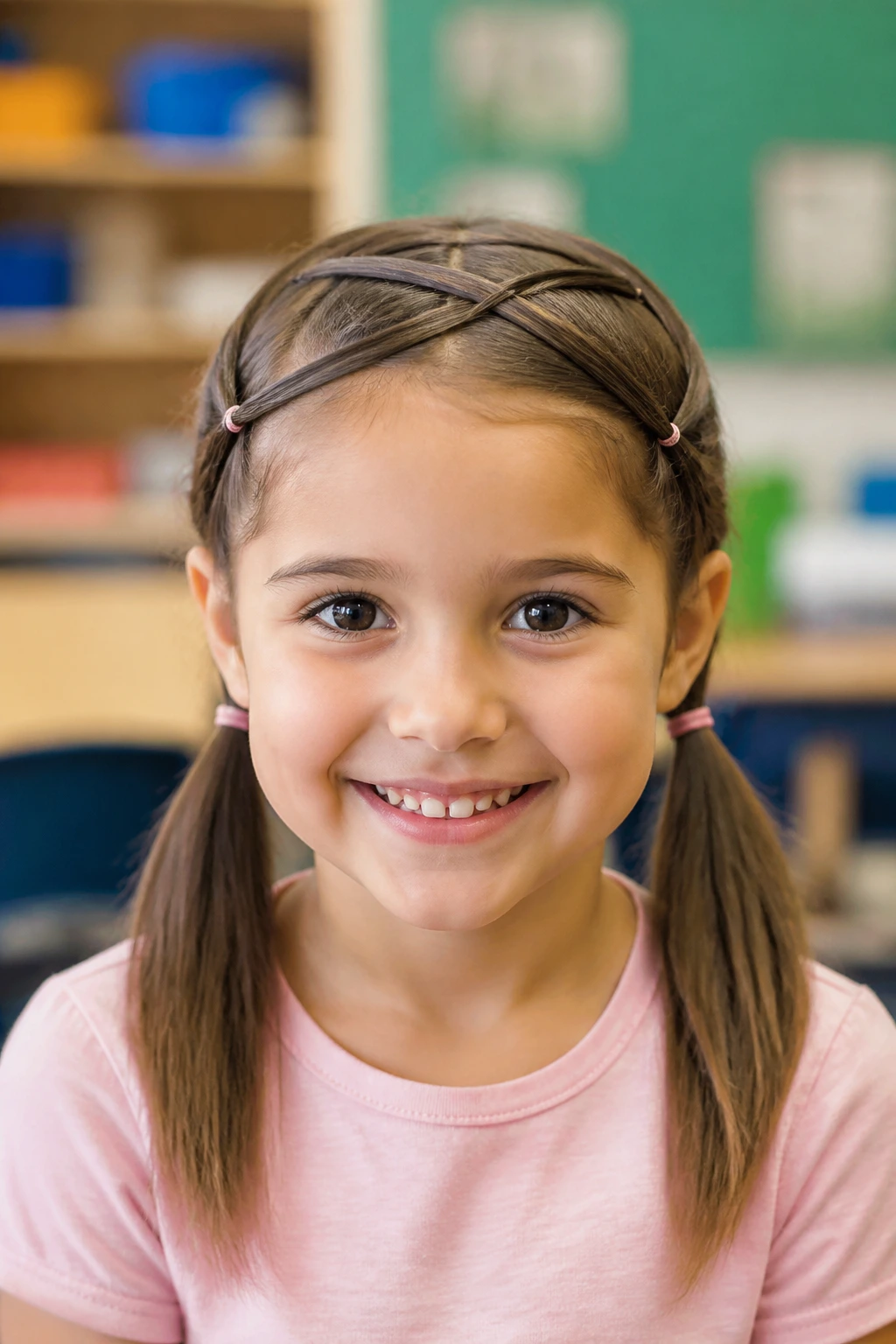 Front close-up of a real girl with criss-cross pigtails across the front