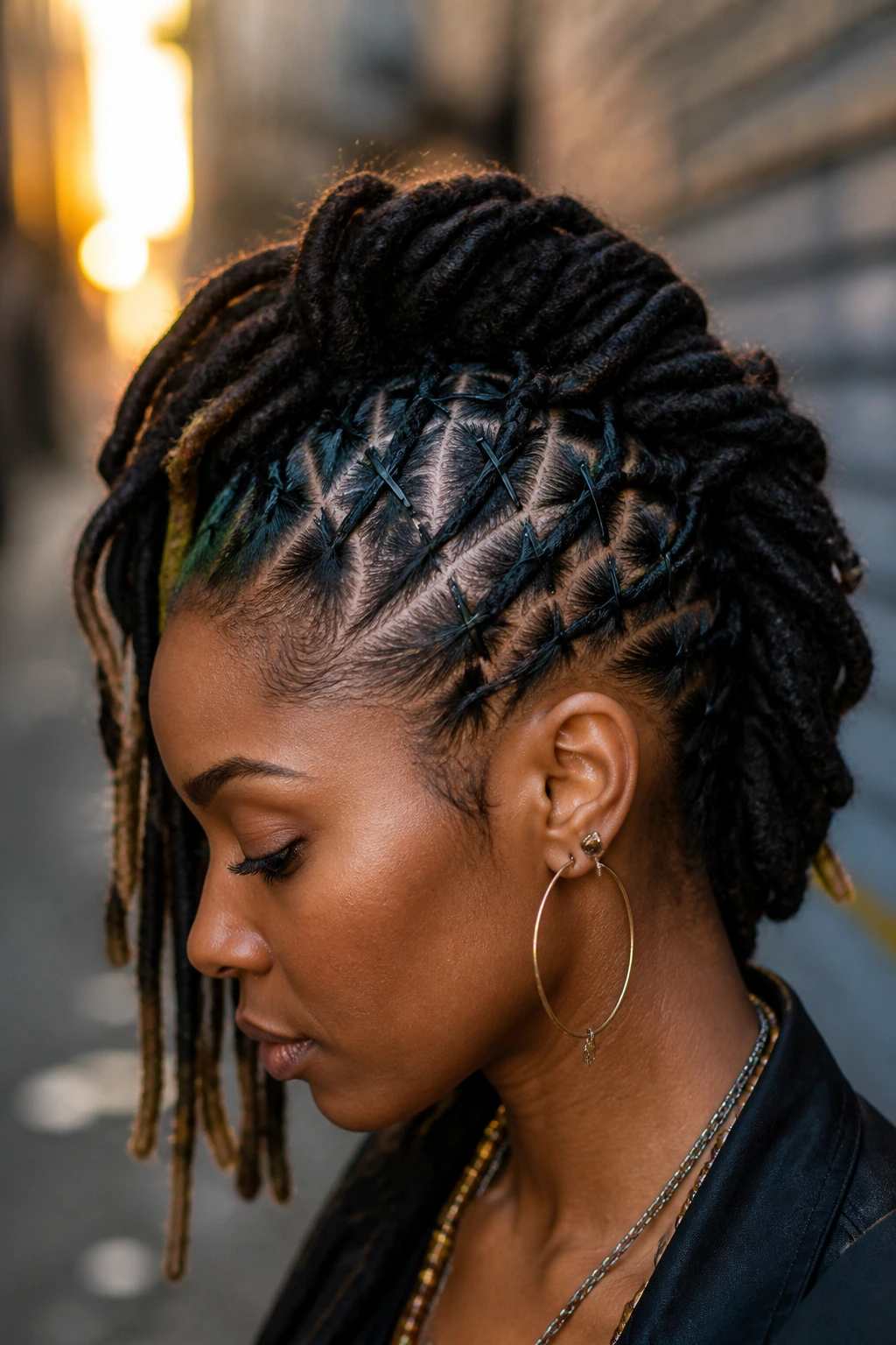 Close-up of Criss-Cross Pin Mohawk on a real person, with X-shaped pins
