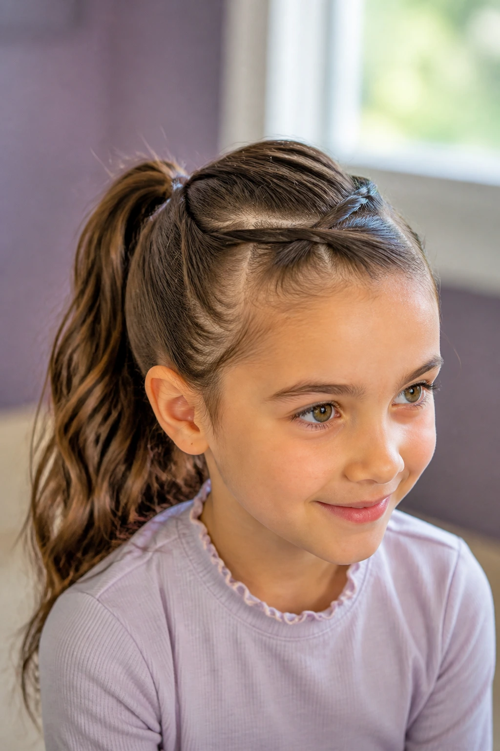 Close-up of child with criss-cross pony showing front sections crossing into the pony