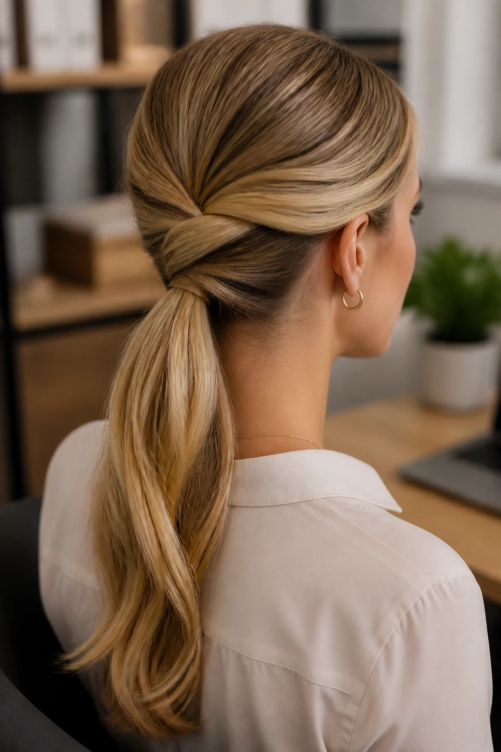 Close-up of a real woman with criss-cross ponytail at the crown