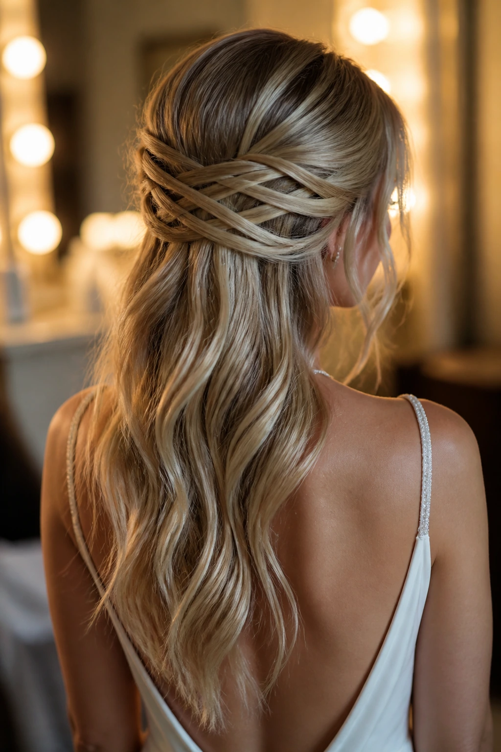 Back view close-up of real woman showing a crisscross lattice detail on a half-up hairstyle.