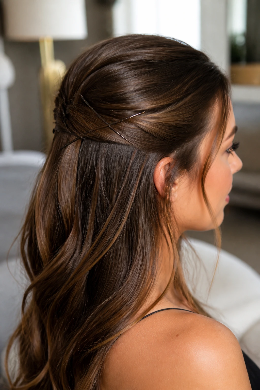 Close-up of a woman with a half-up hairstyle featuring crisscross bobby pins