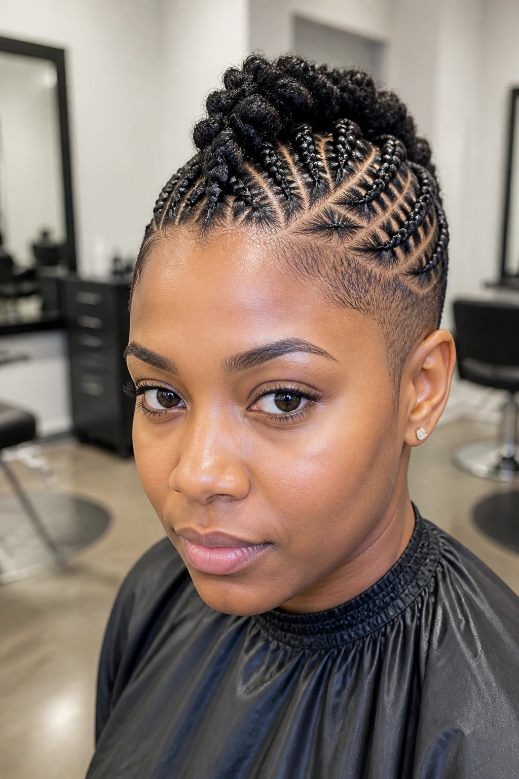 Close-up of a real person with crisscross braided mohawk on short hair