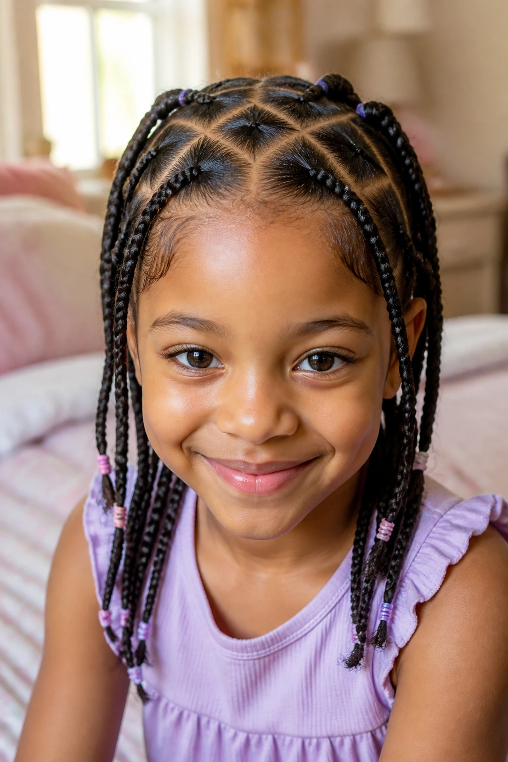 Close-up of a child’s head showing crisscross braids on the scalp in soft morning light