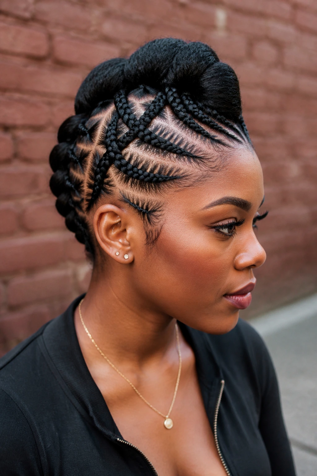 Close-up of Crisscross Cornrow Hawk on a real Black woman, crisscross braids