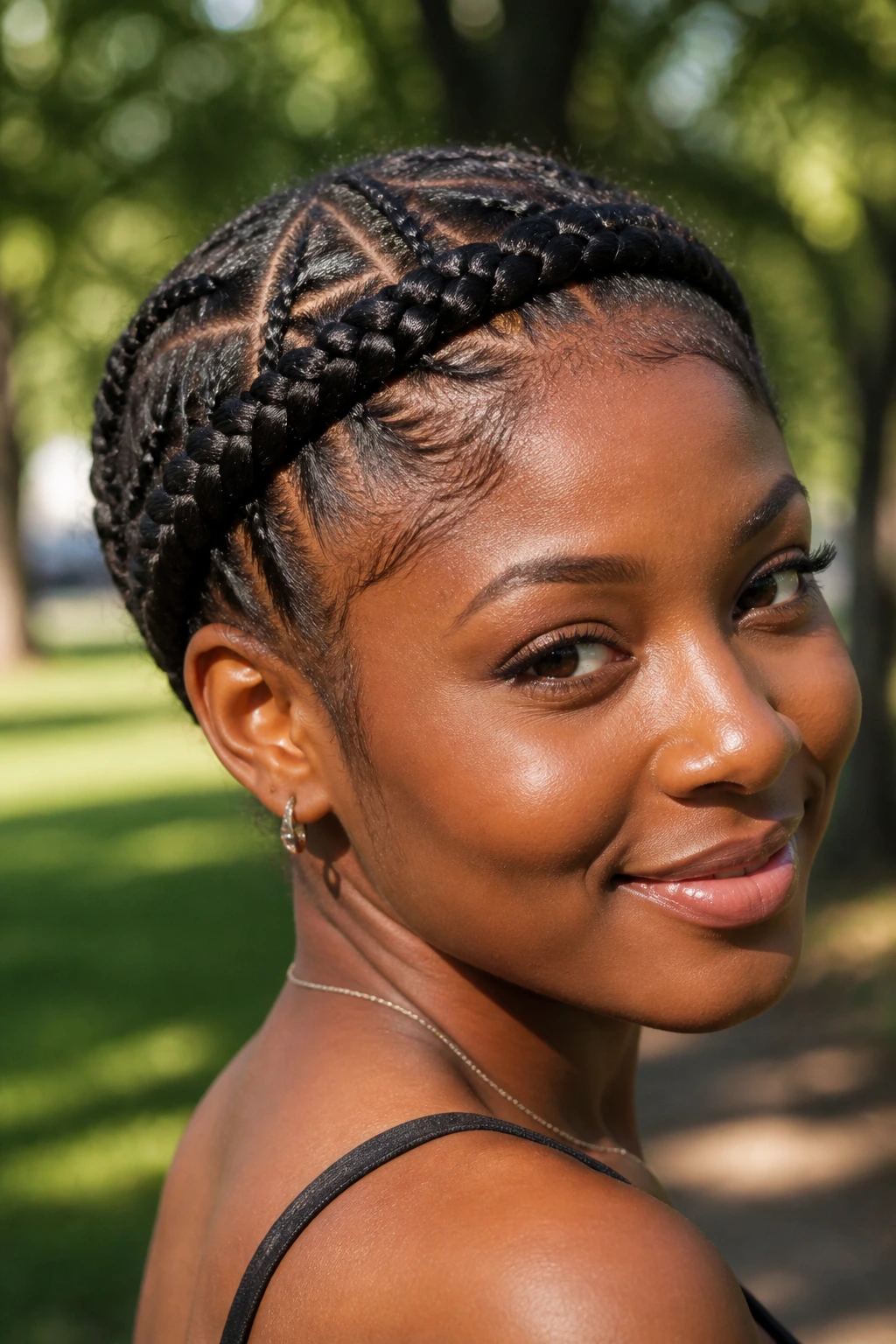 Close-up of a real Black woman with crisscross cornrow crown in a sunlit outdoor setting