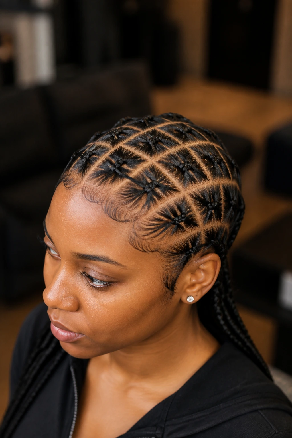 Close-up of a real person with a grid-like crisscross cornrow pattern on the scalp